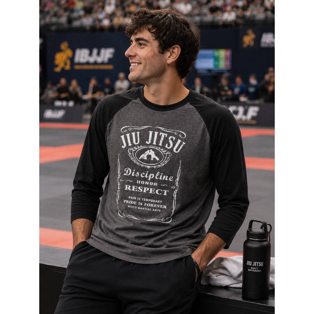 Jiu Jitsu Discipline Honor Respect MMA Graphic Raglan Baseball Tee Gray Black